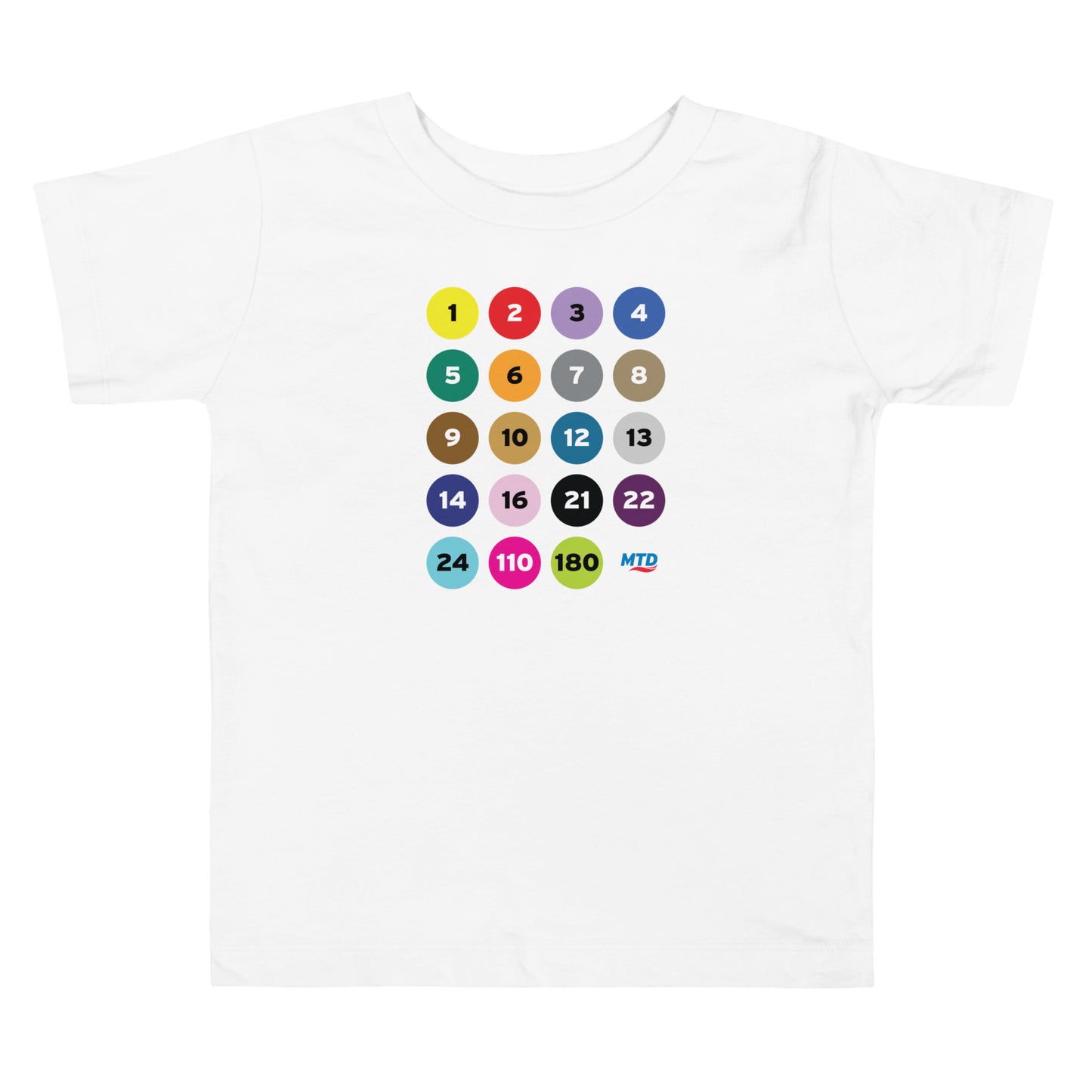 White toddler t-shirt printed with colorful circles and numbers representing MTD routes.