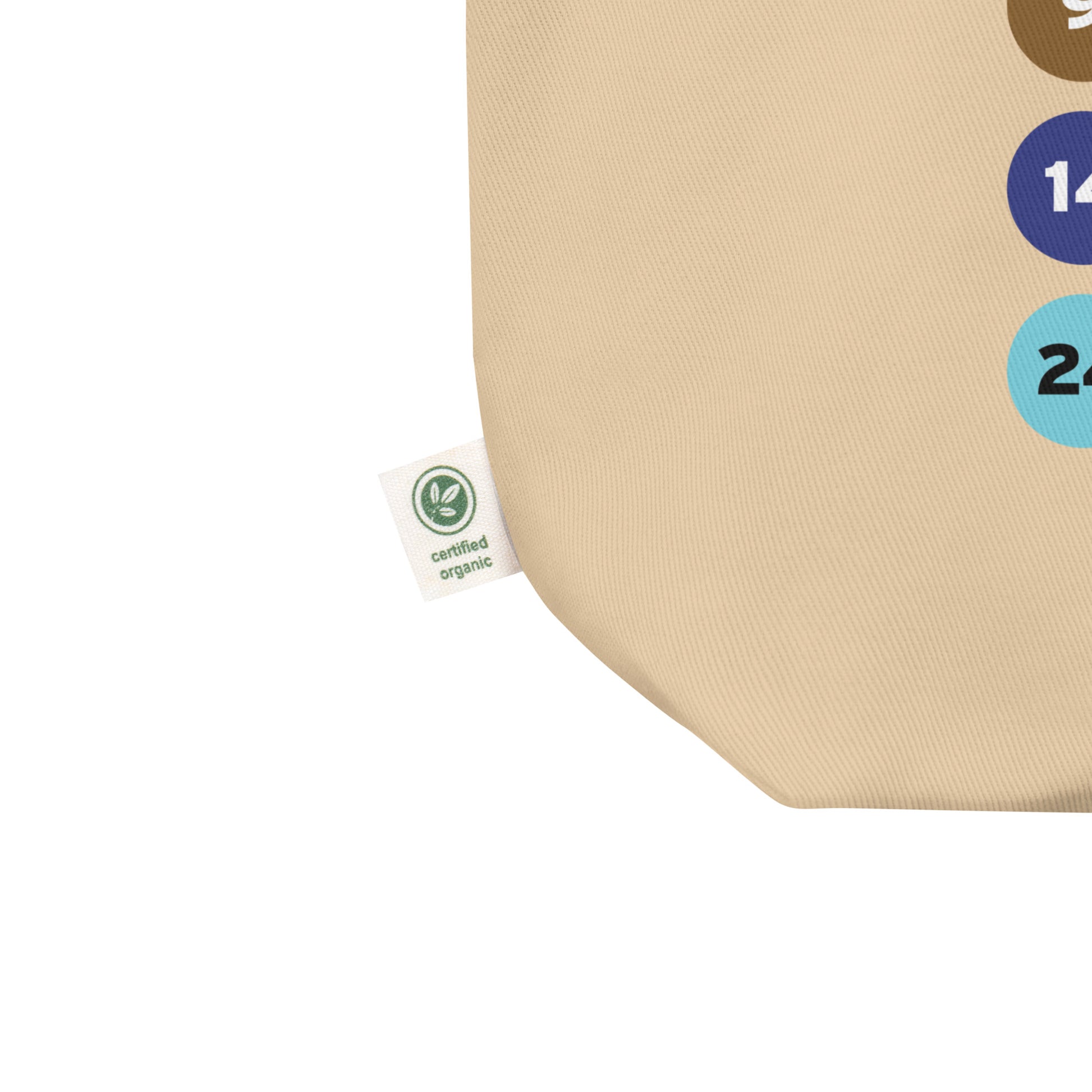 Certified Organic tag on MTD's route bubbles tote bag.