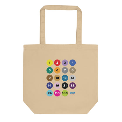 MTD route numbers and colors on a tan canvas tote bag.
