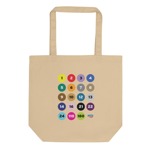 MTD route numbers and colors on a tan canvas tote bag.