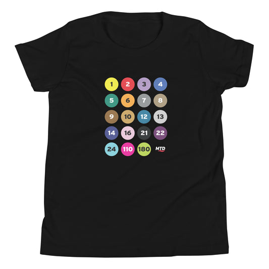 Black youth t-shirt printed with colorful circles and numbers representing MTD routes.