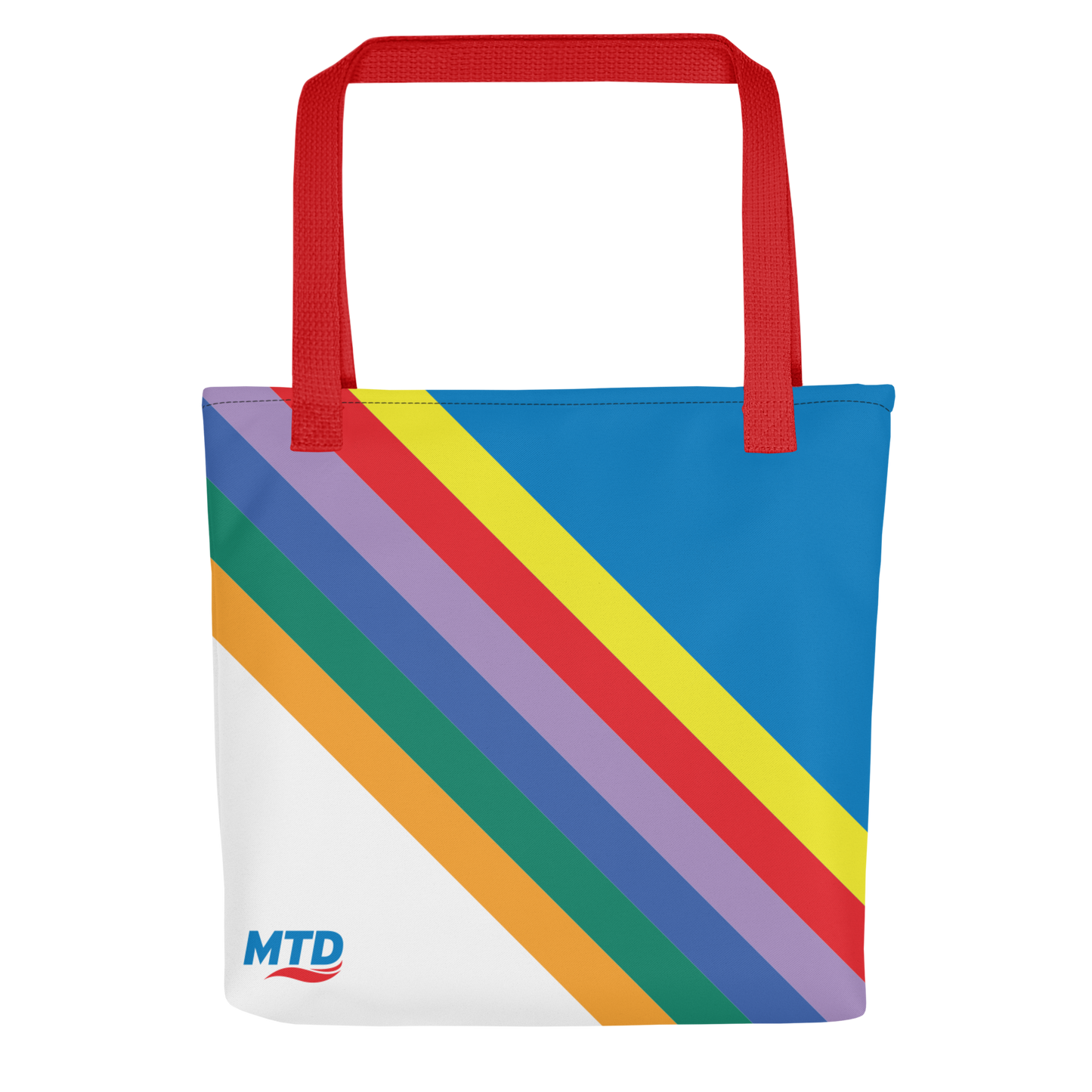Flat tote bag with MTD route line design and red handles.