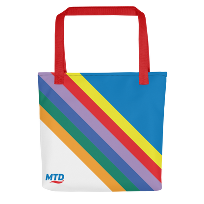 Flat tote bag with MTD route line design and red handles.