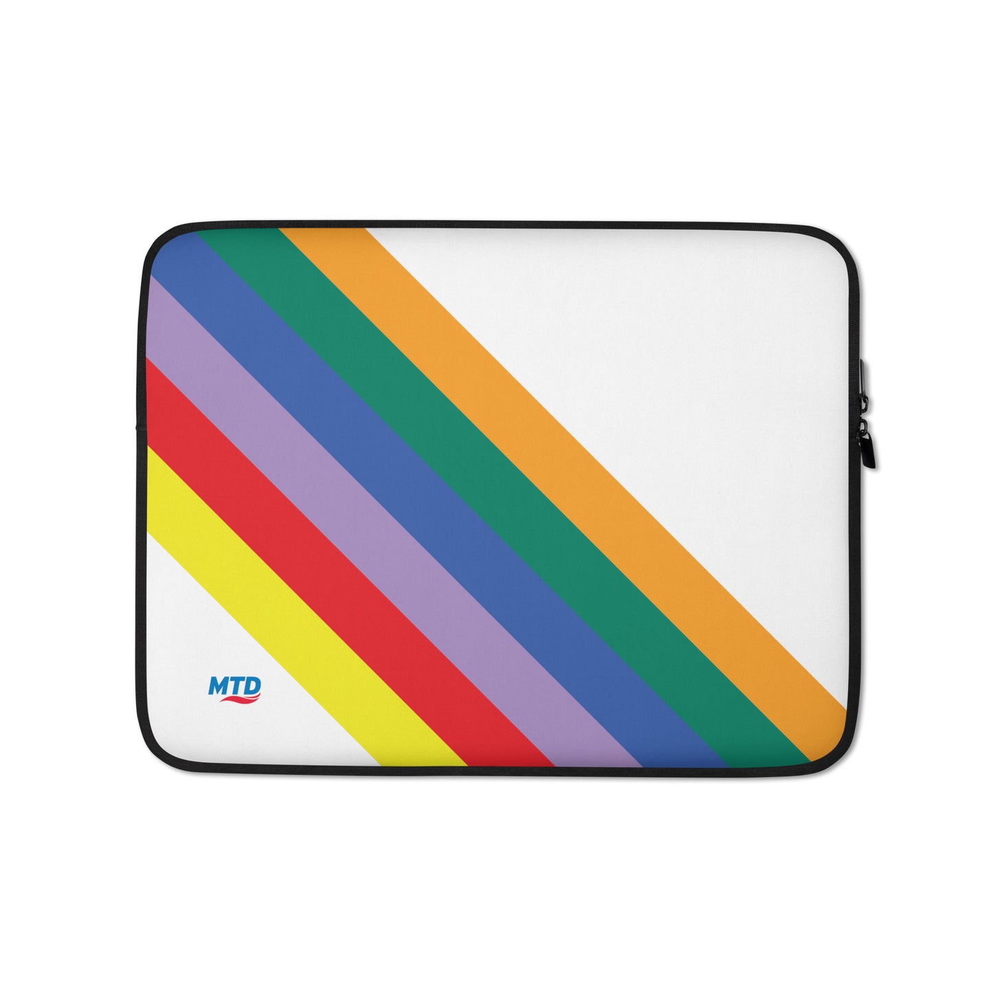 White laptop sleeve with six colored lines running diagonally in the lower corner.