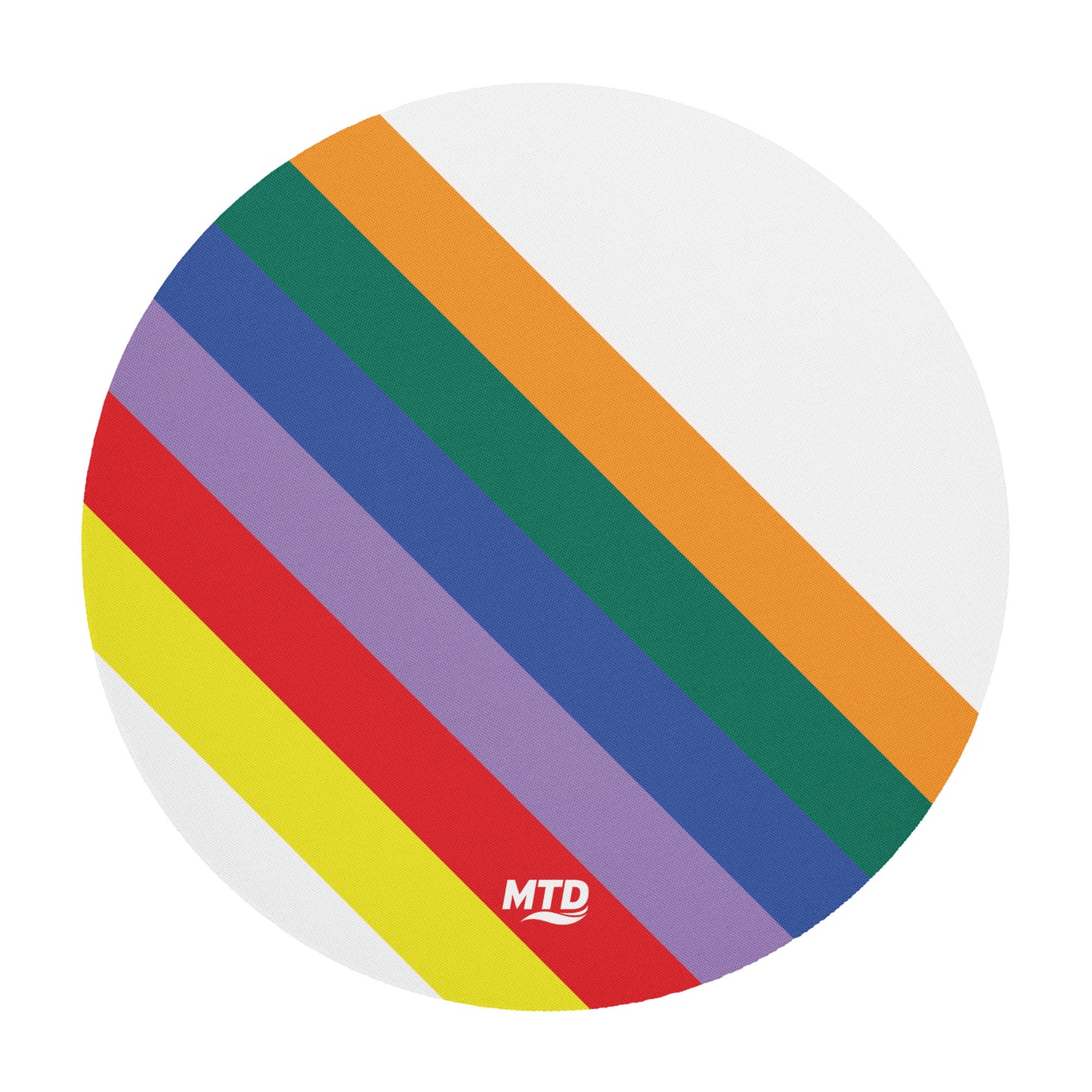 White circular mouse pad with six colored lines running diagonally in the center.