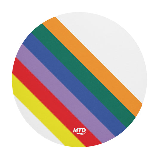 White circular mouse pad with six colored lines running diagonally in the center.