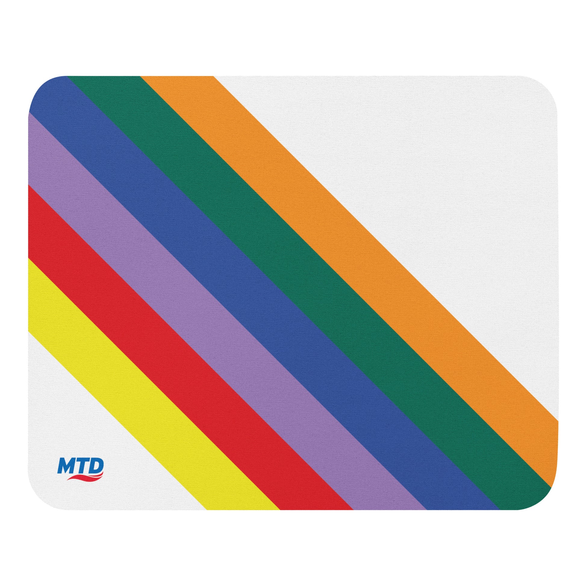 White rectangular mouse pad with six colored lines running diagonally in the center.