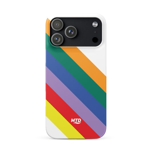 White phone case with six colored lines running diagonally in the center.