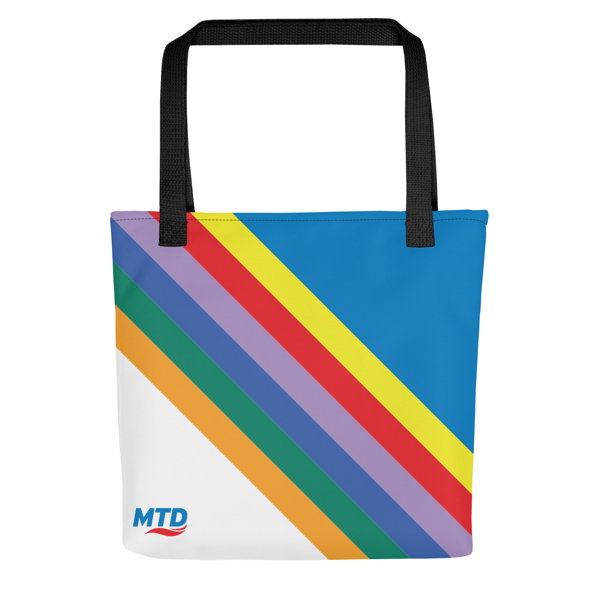 Flat tote bag with MTD route line design and black handles.