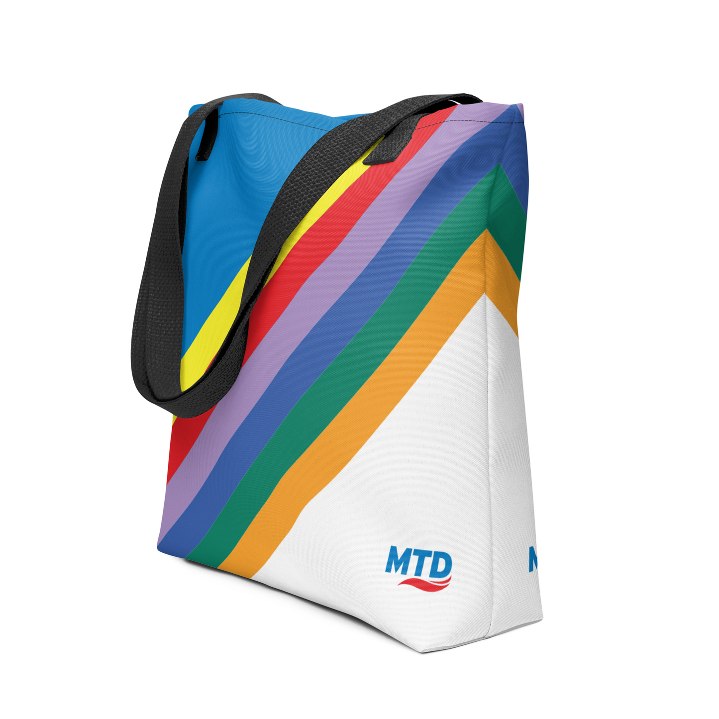 Tote bag with MTD route line design and black handles.