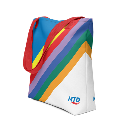 Tote bag with MTD route line design and red handles.