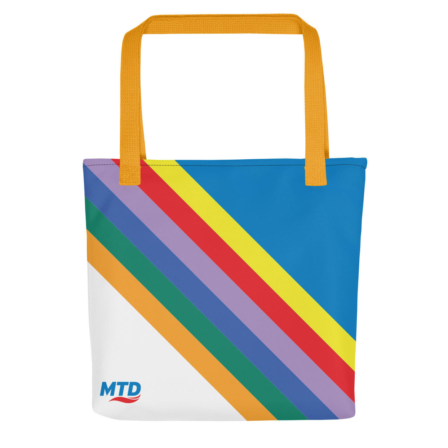 Flat tote bag with MTD route line design and yellow handles.