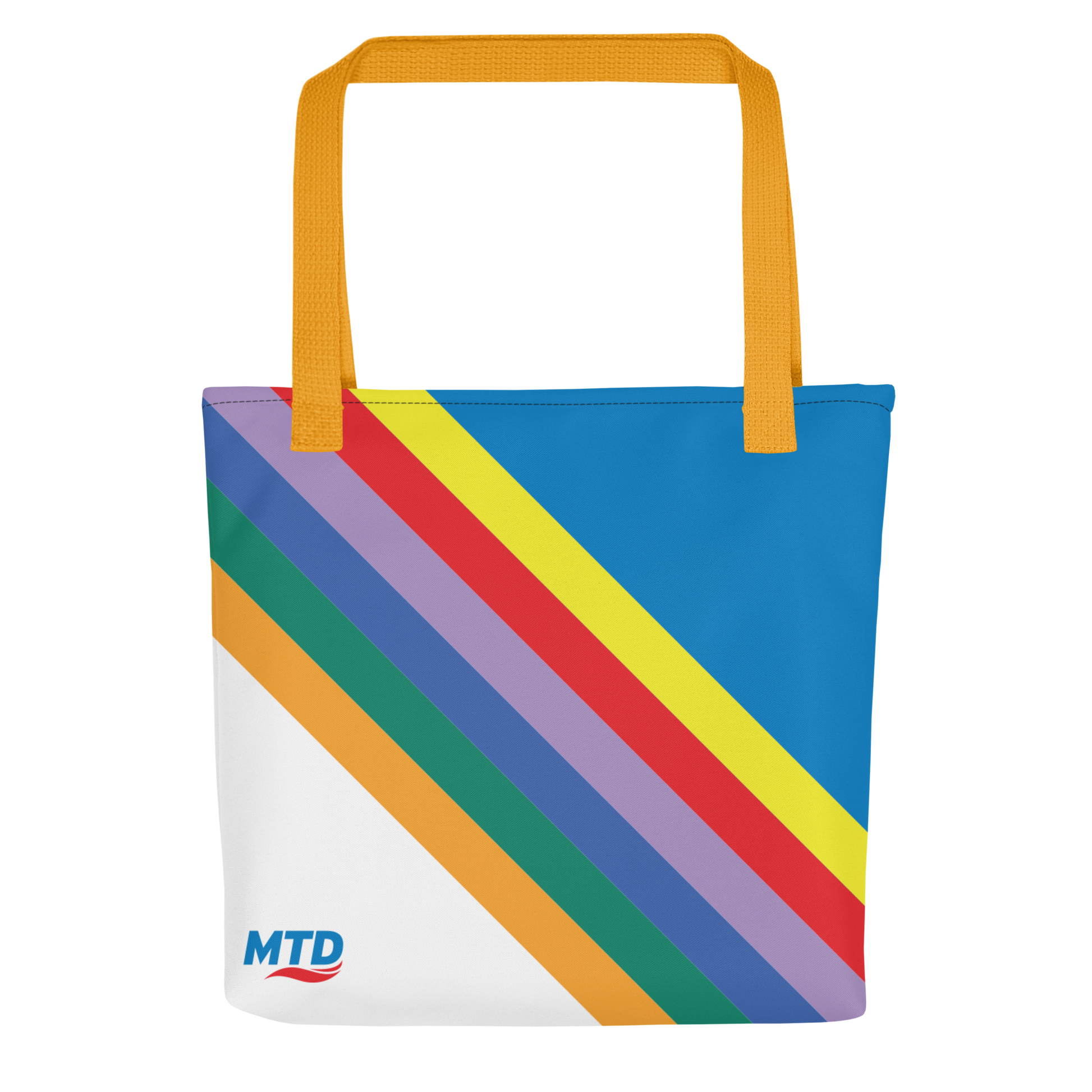 Flat tote bag with MTD route line design and yellow handles.