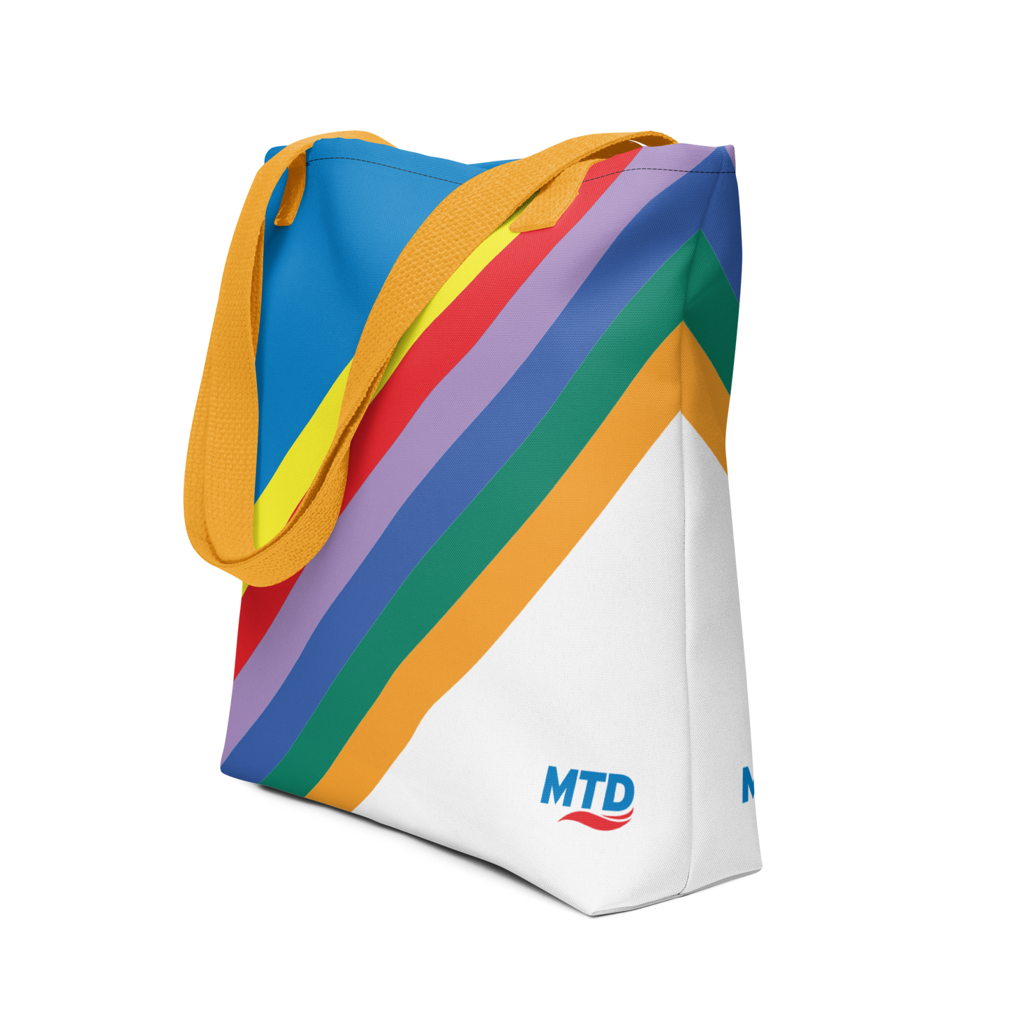 Tote bag with MTD route line design and yellow handles.