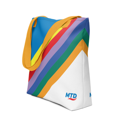 Tote bag with MTD route line design and yellow handles.