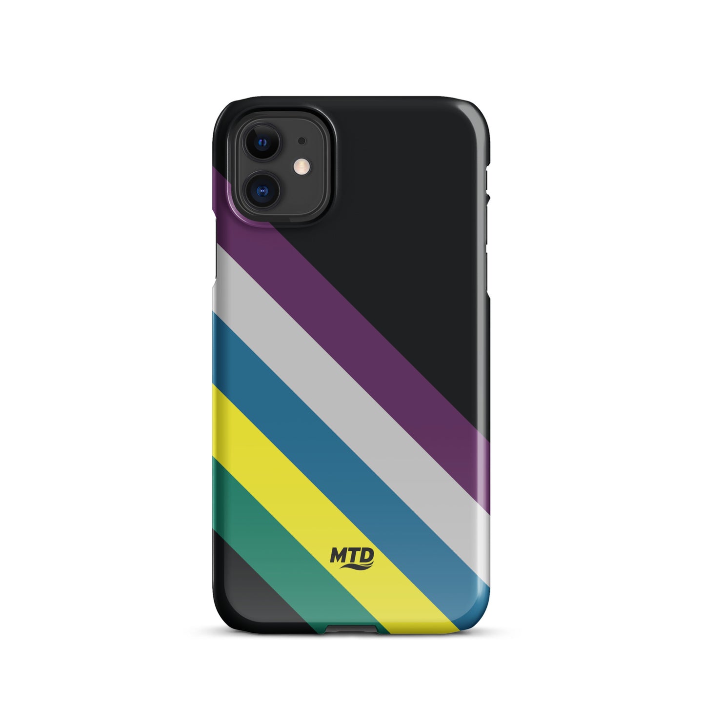 Black phone case with five colored lines running diagonally in the center.