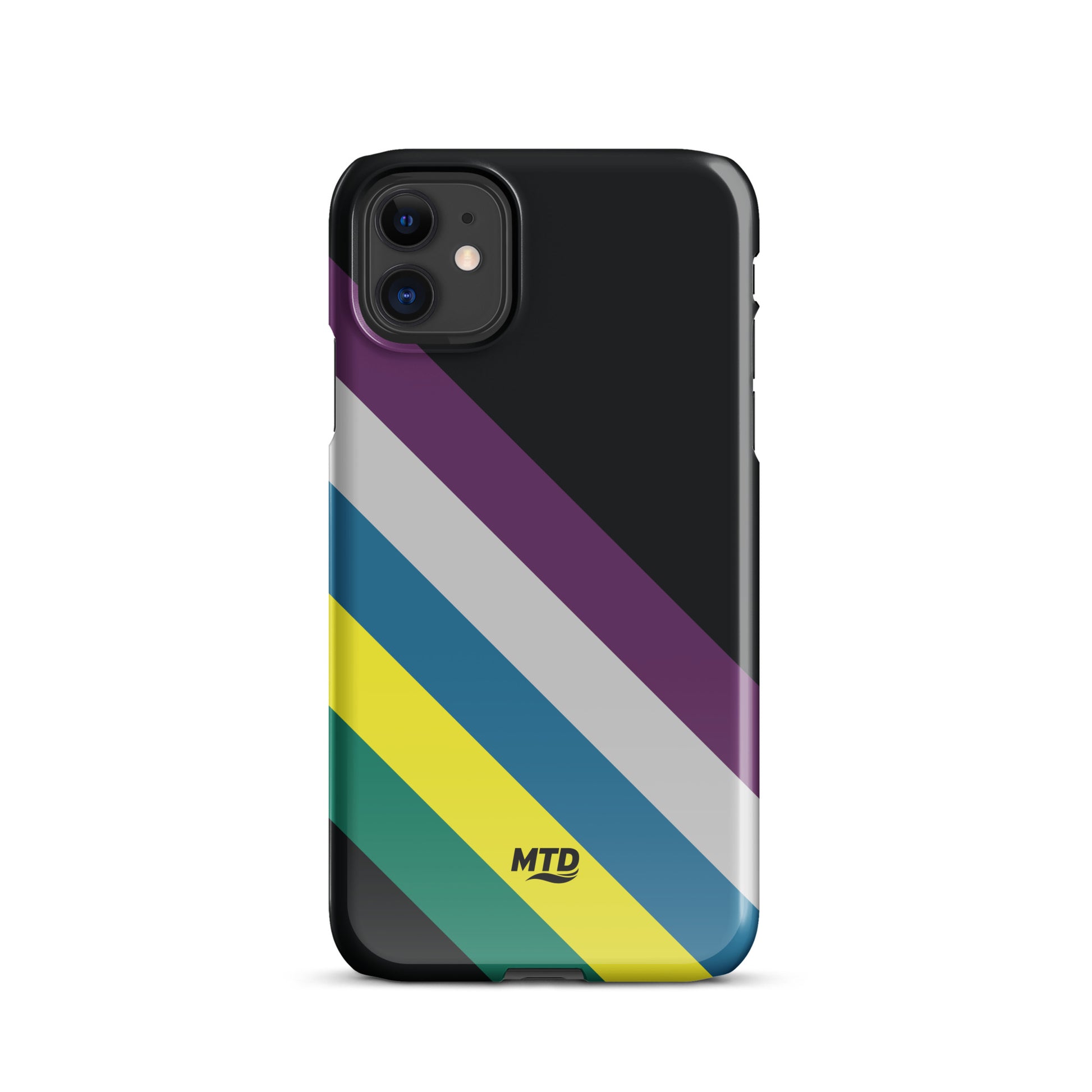 Black phone case with five colored lines running diagonally in the center.