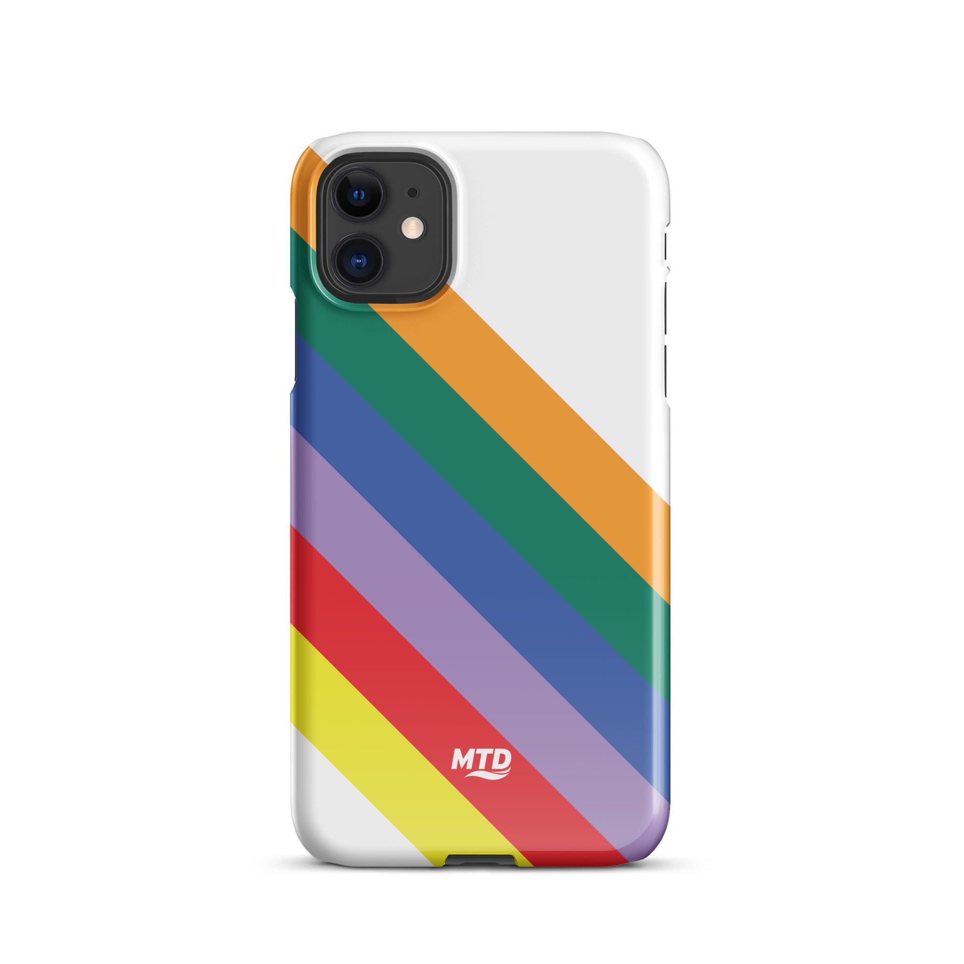 White phone case with six colored lines running diagonally in the center.