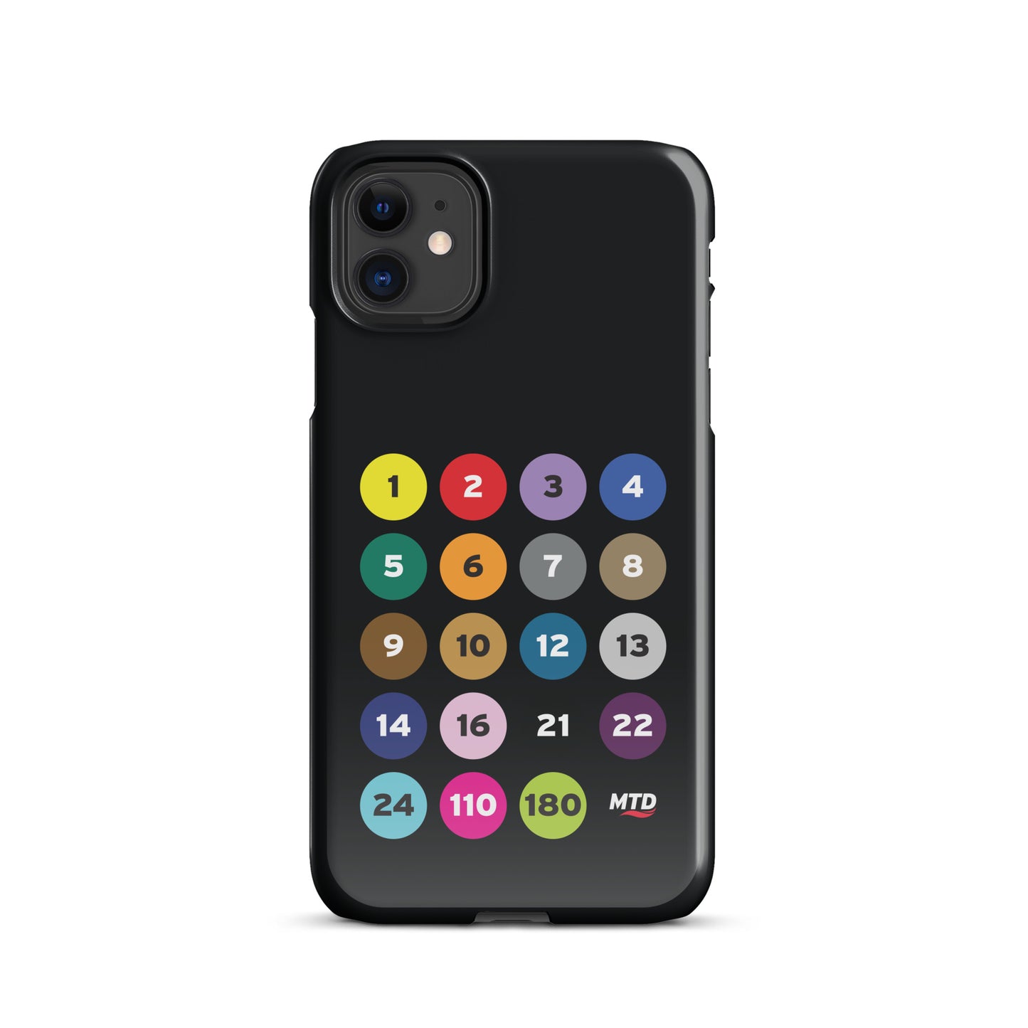 Black phone case with colorful circles and numbers representing MTD routes.