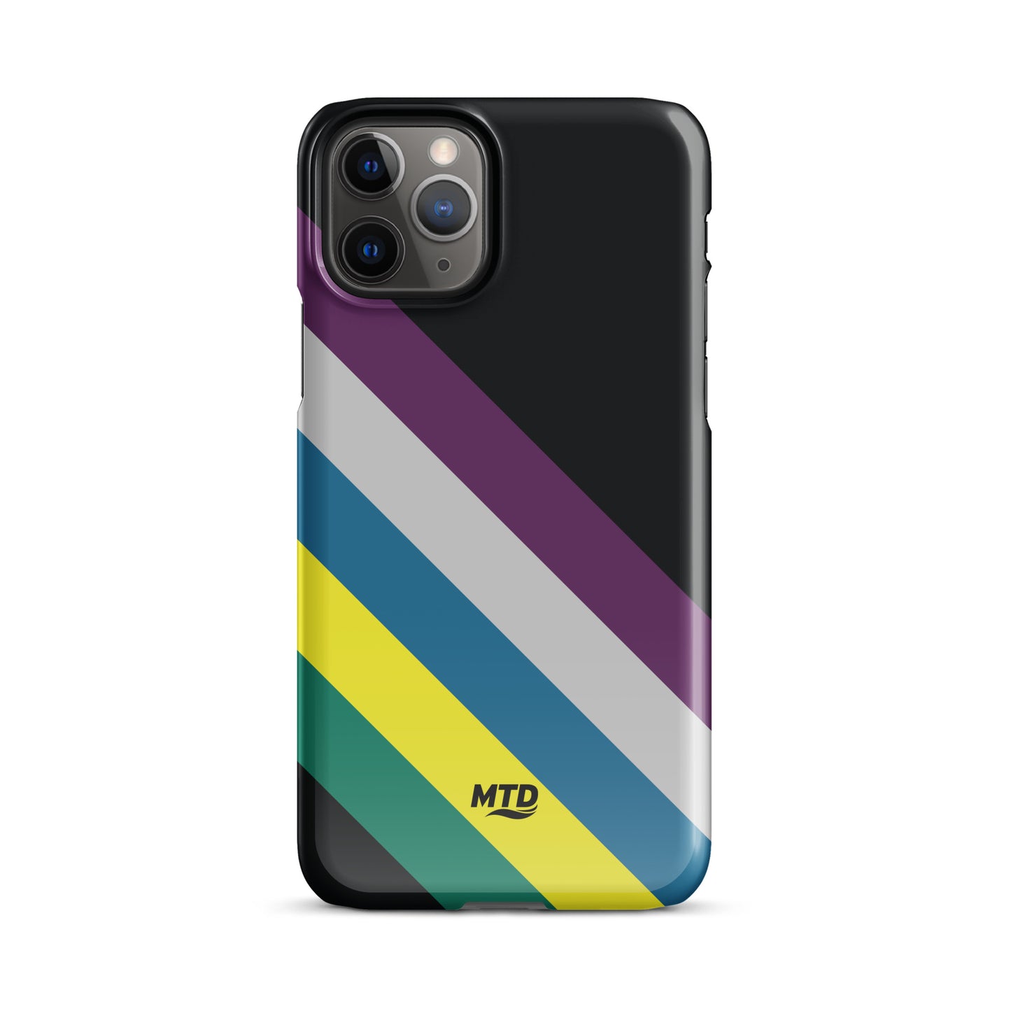 Black phone case with five colored lines running diagonally in the center.