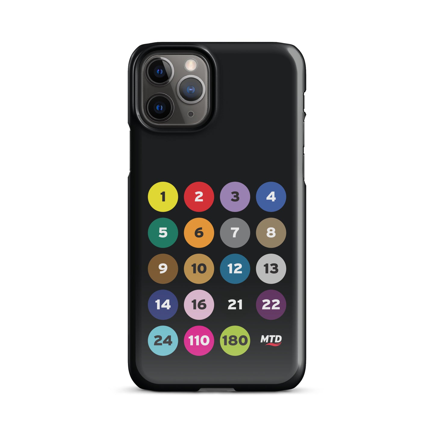Black phone case with colorful circles and numbers representing MTD routes.