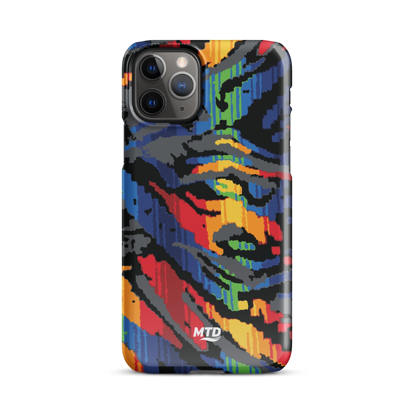 Phone case with colorful MTD bus seat pattern.
