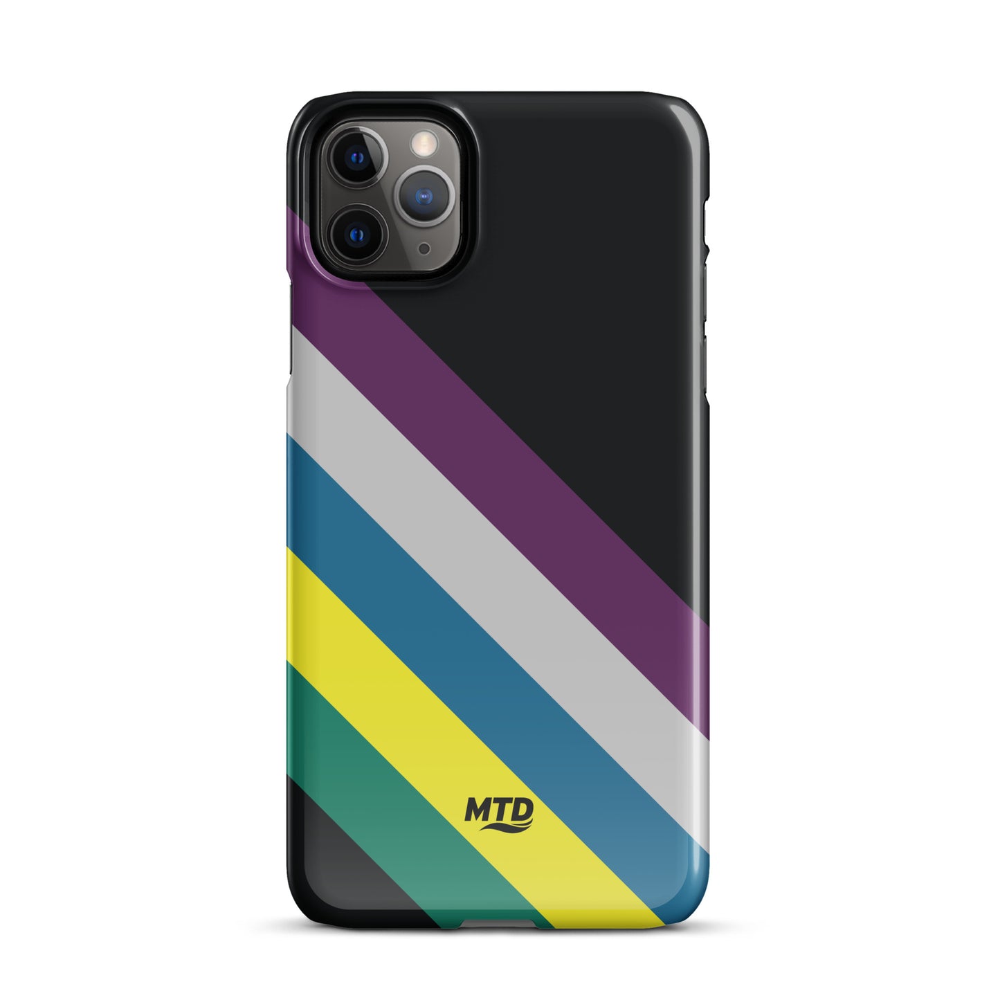 Black phone case with five colored lines running diagonally in the center.