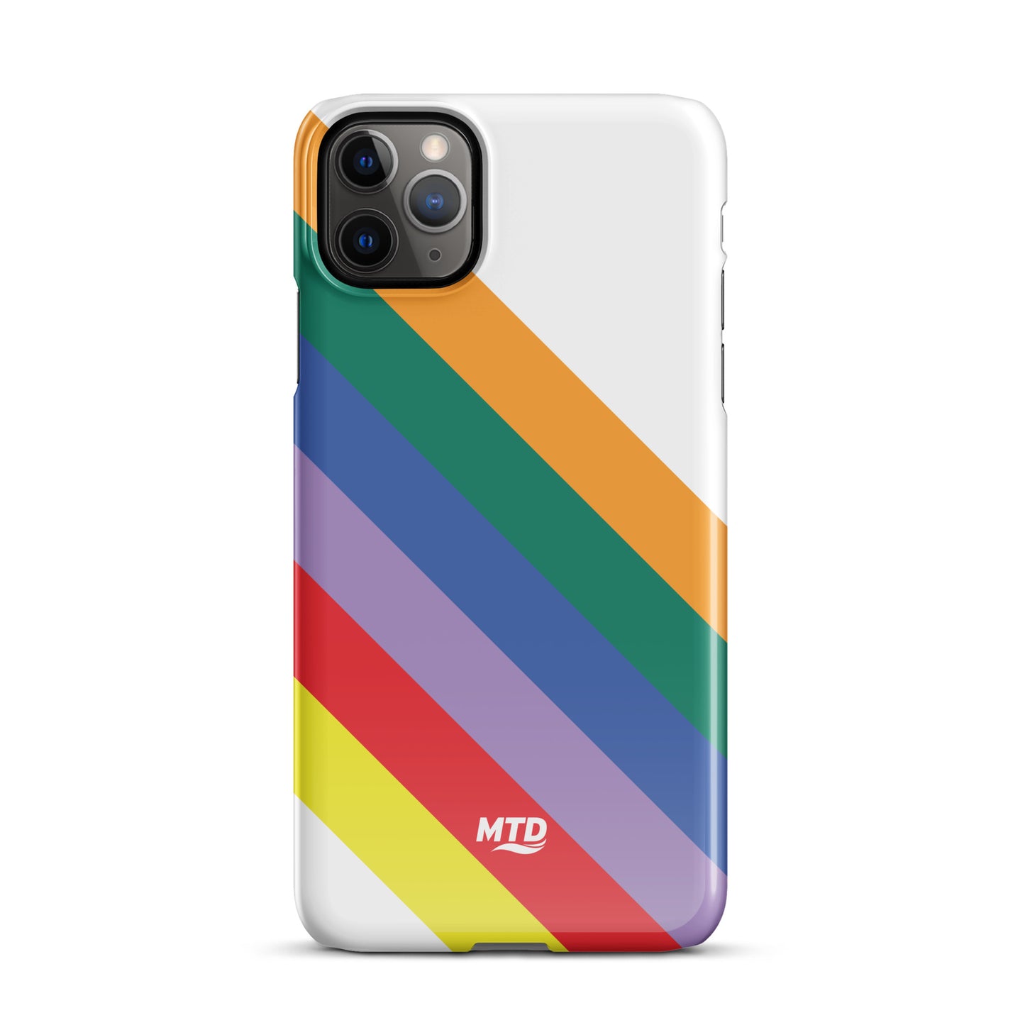 White phone case with six colored lines running diagonally in the center.