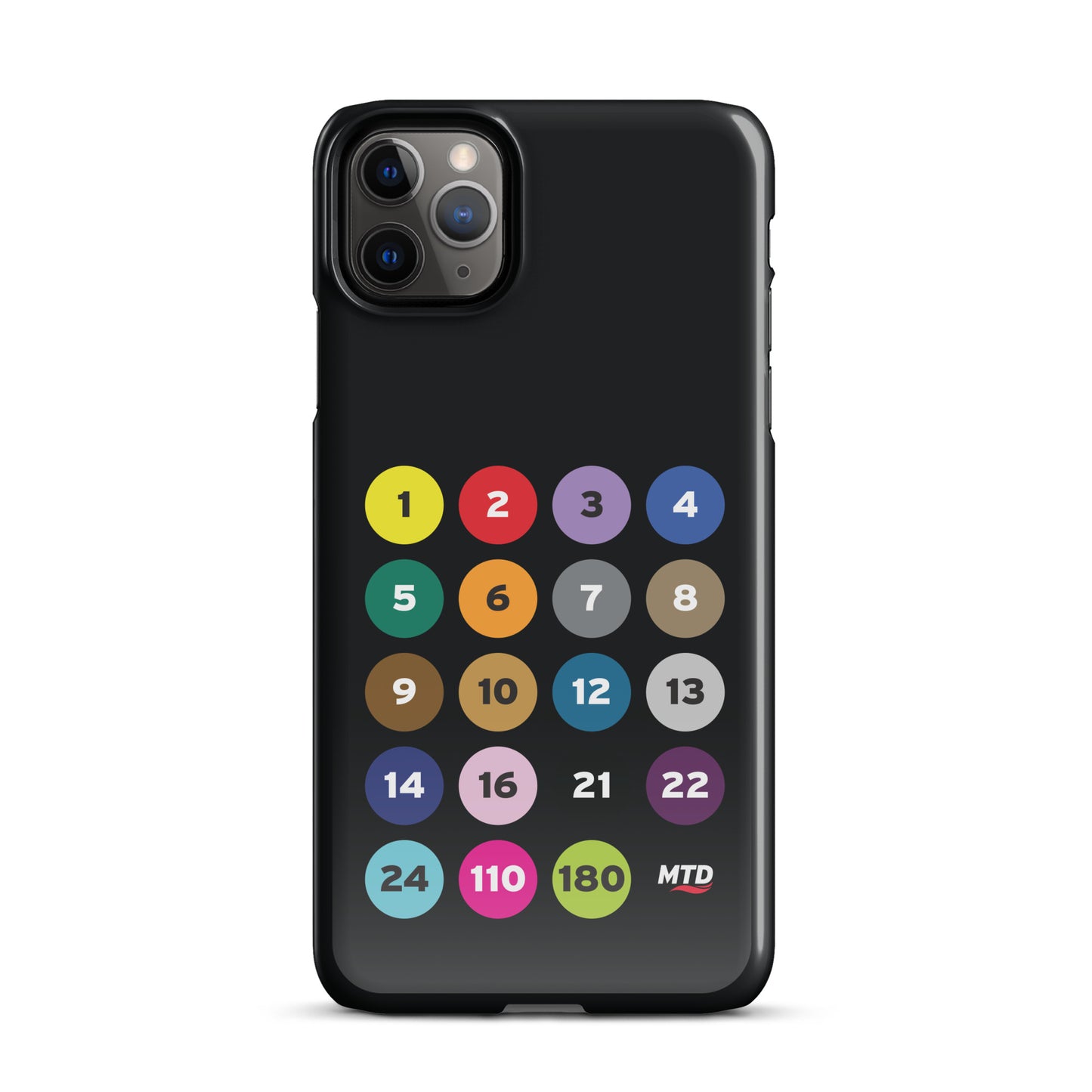 Black phone case with colorful circles and numbers representing MTD routes.
