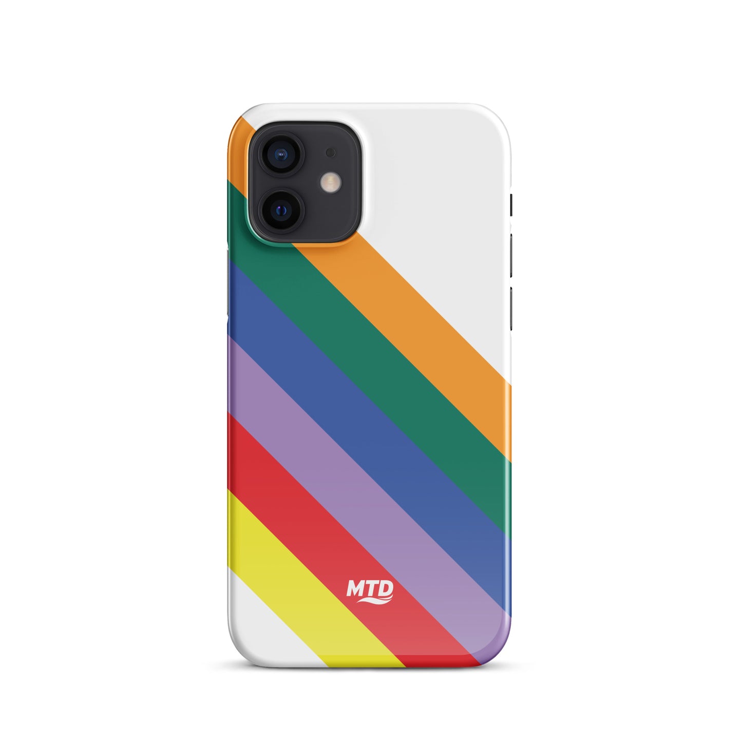 White phone case with six colored lines running diagonally in the center.