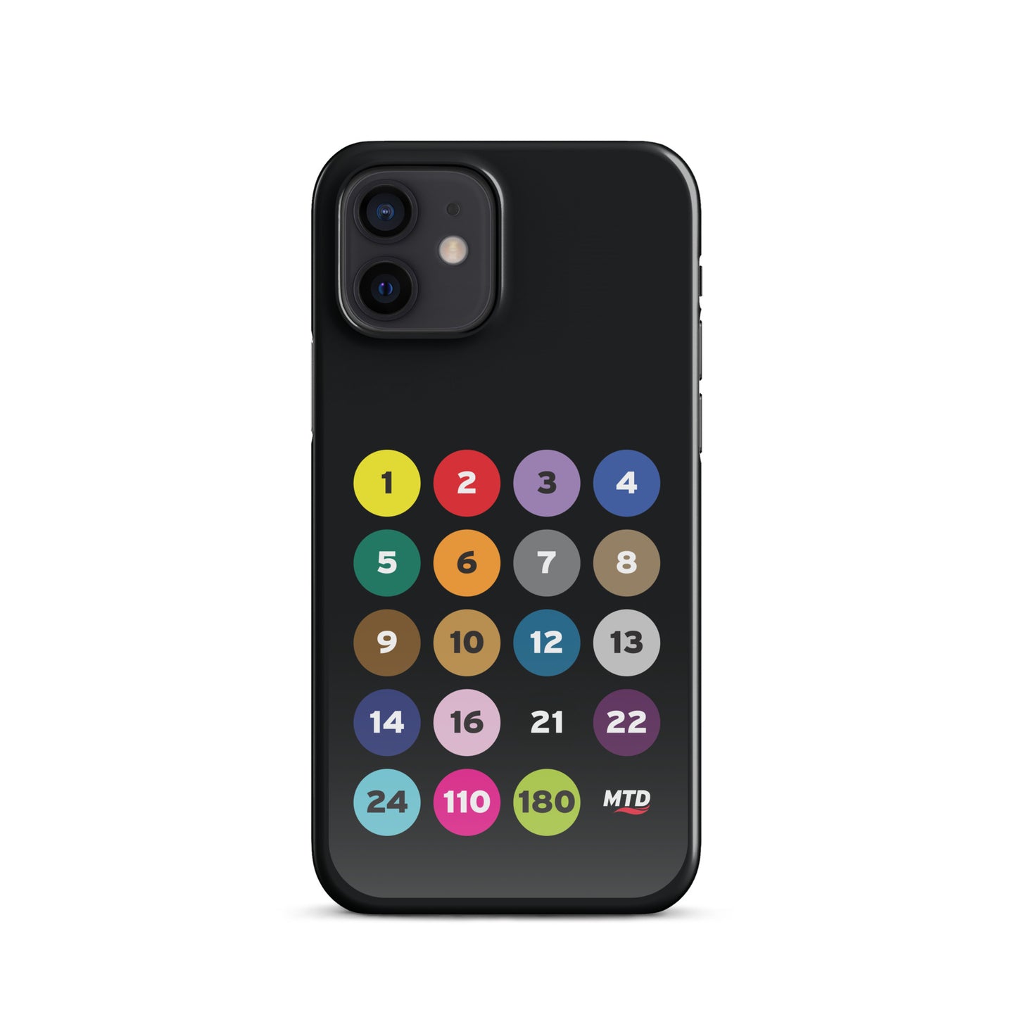 Black phone case with colorful circles and numbers representing MTD routes.