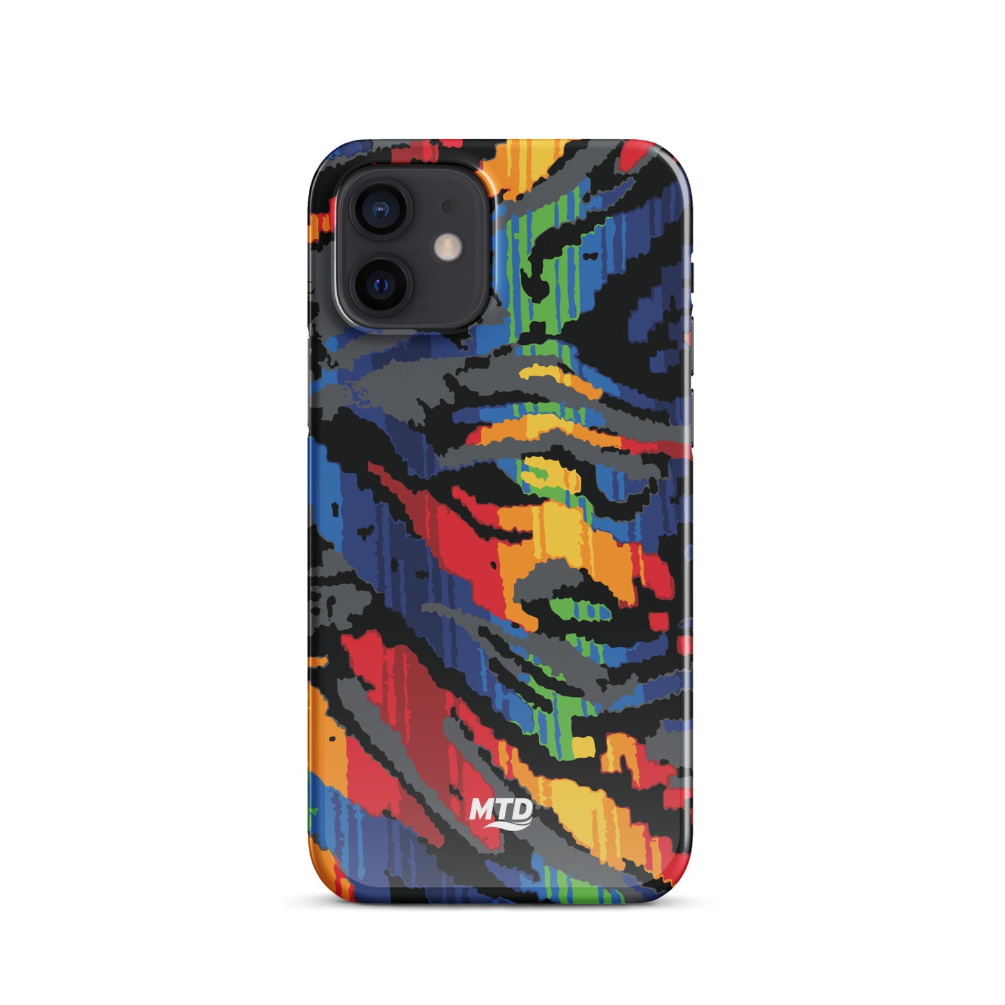 Phone case with colorful MTD bus seat pattern.