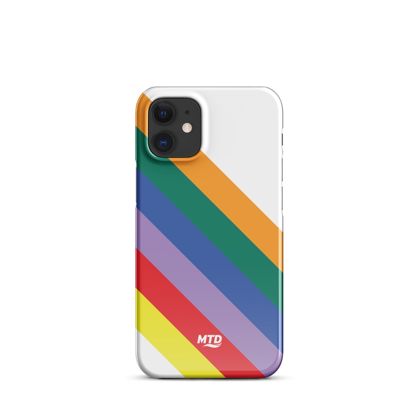 White phone case with six colored lines running diagonally in the center.