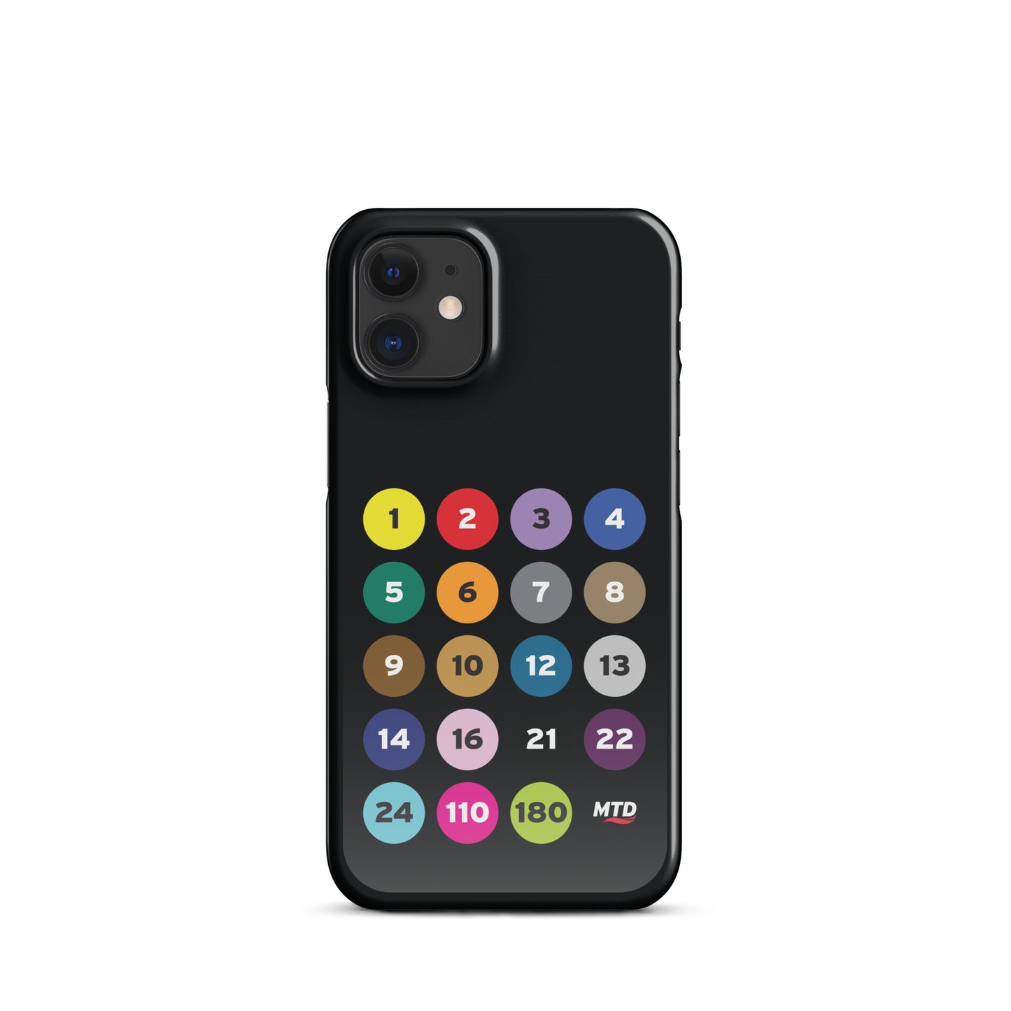 Black phone case with colorful circles and numbers representing MTD routes.