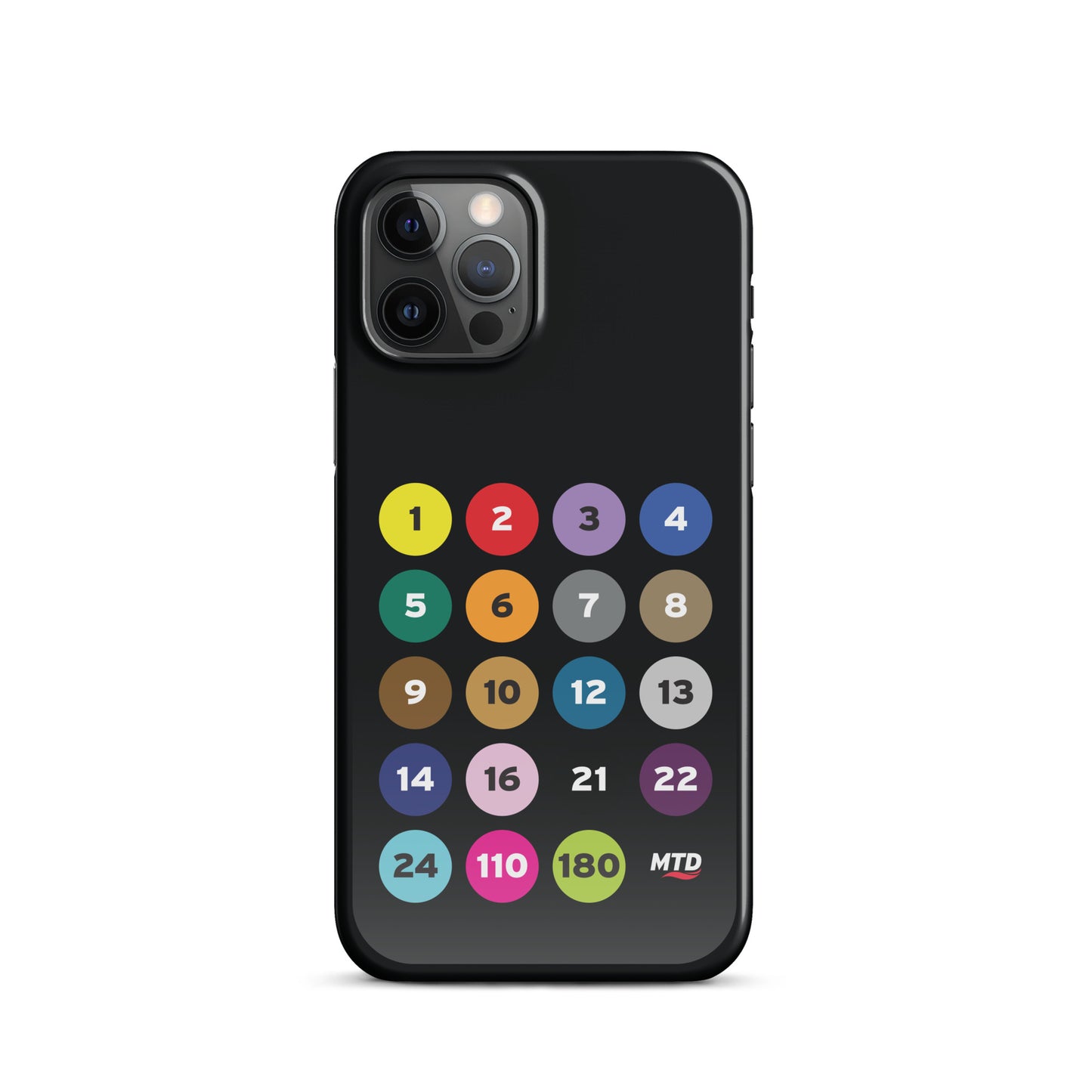 Black phone case with colorful circles and numbers representing MTD routes.