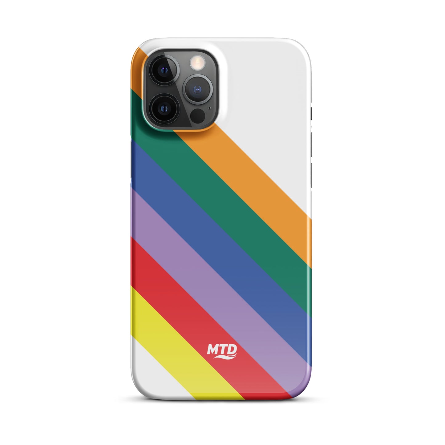 White phone case with six colored lines running diagonally in the center.