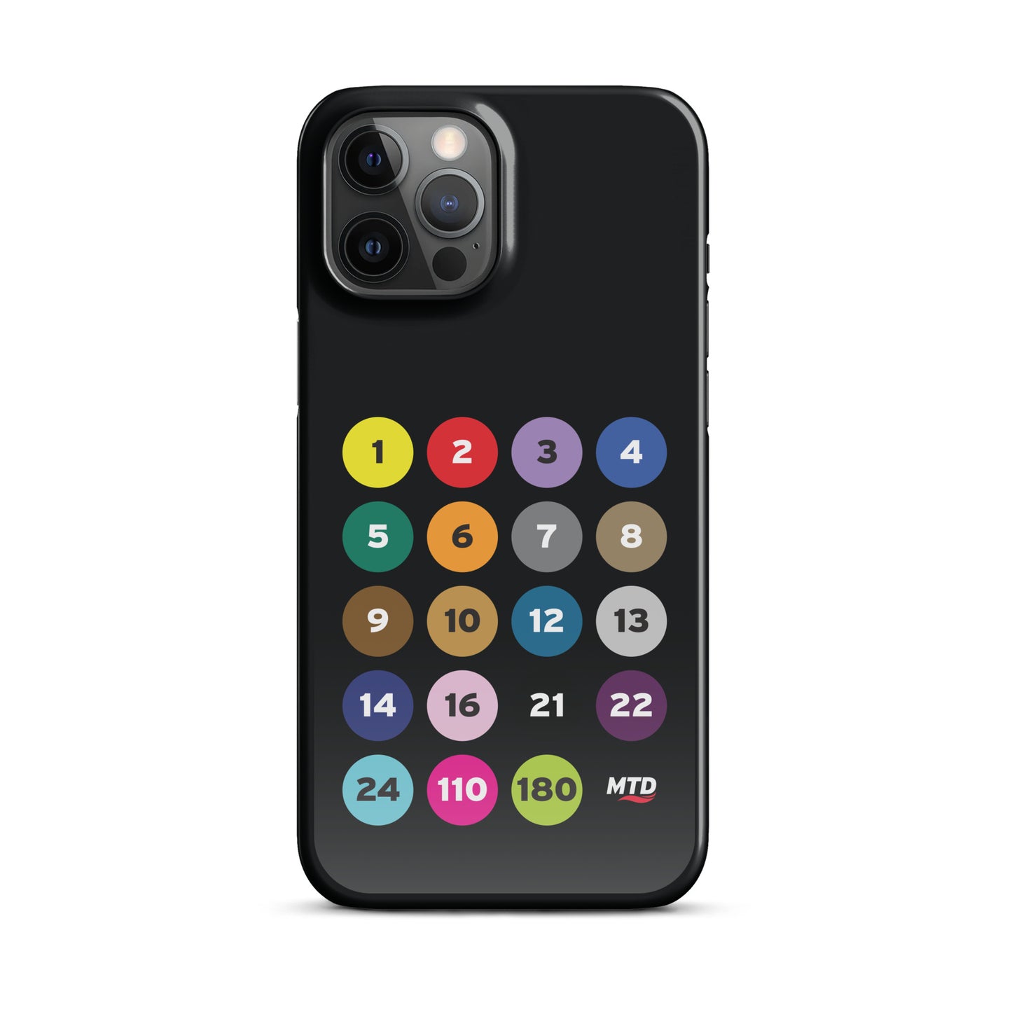 Black phone case with colorful circles and numbers representing MTD routes.