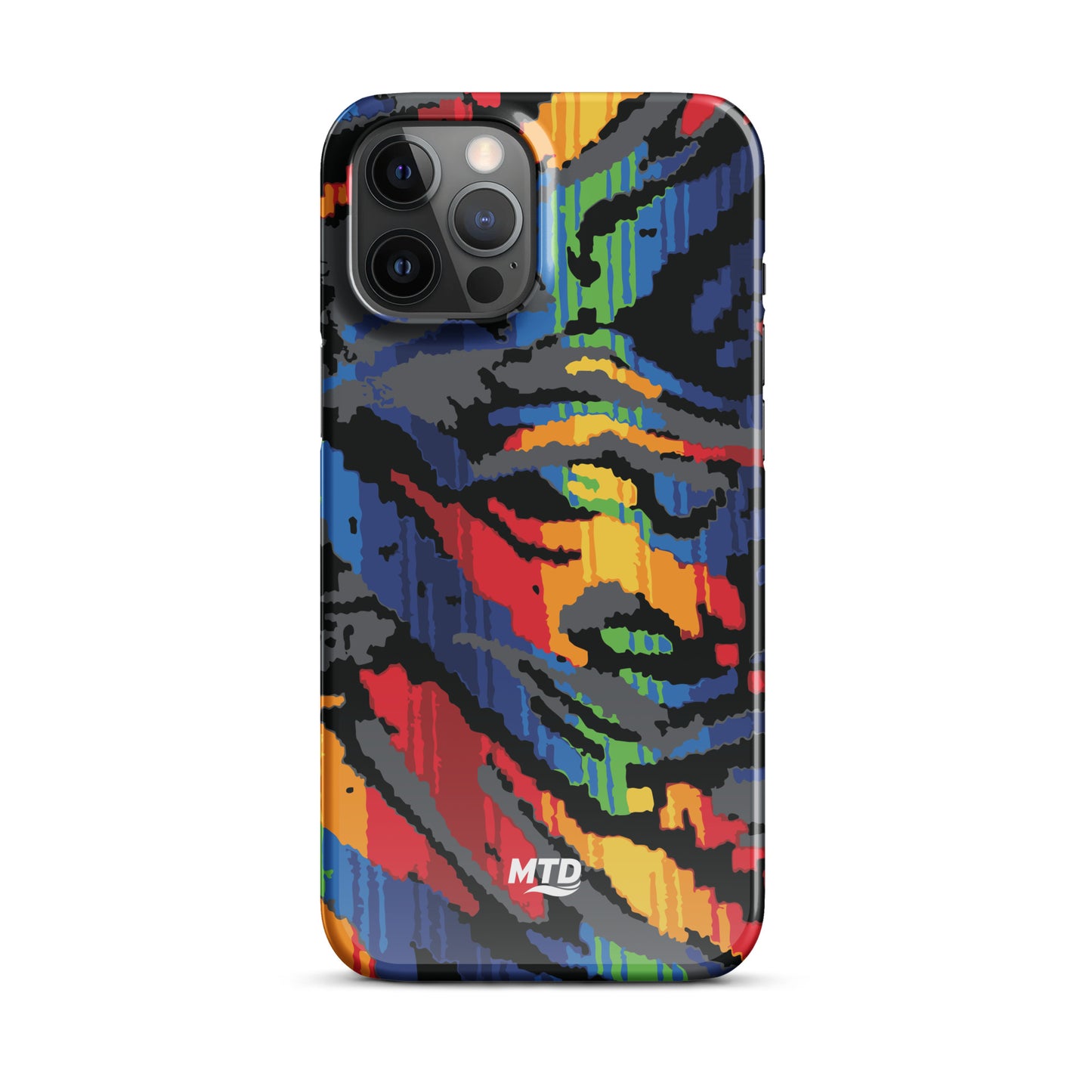 Phone case with colorful MTD bus seat pattern.