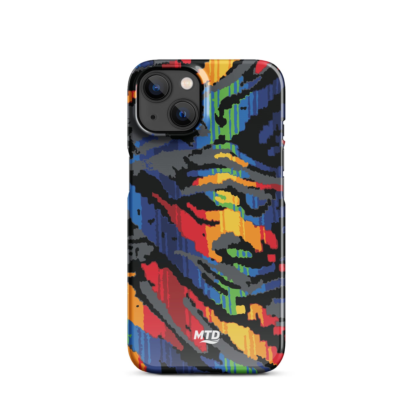 Phone case with colorful MTD bus seat pattern.