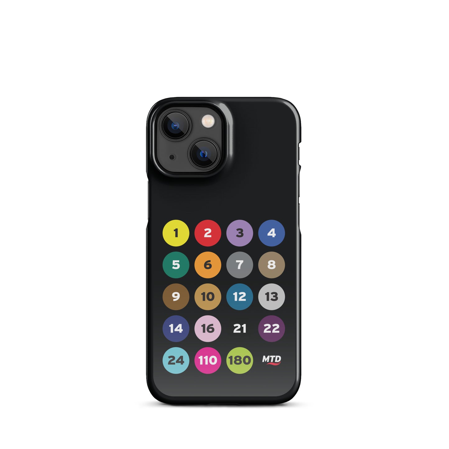 Black phone case with colorful circles and numbers representing MTD routes.