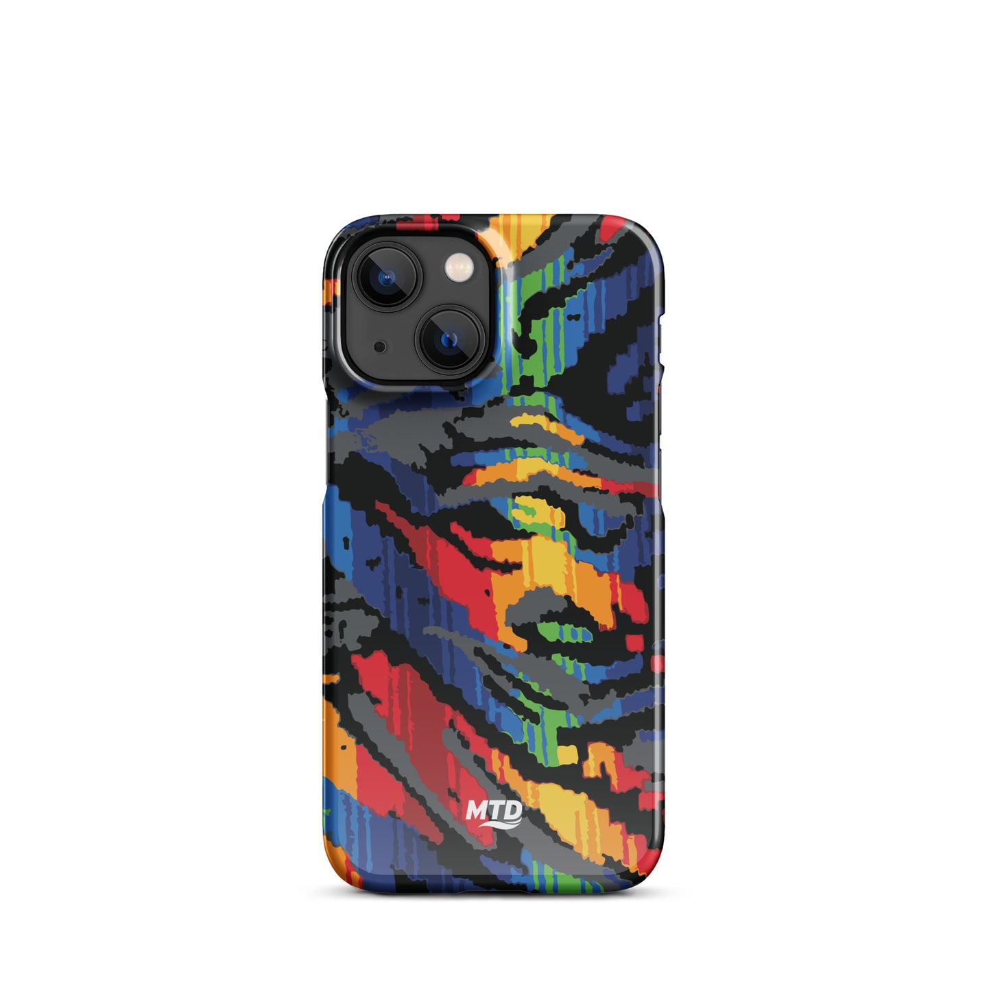Phone case with colorful MTD bus seat pattern.