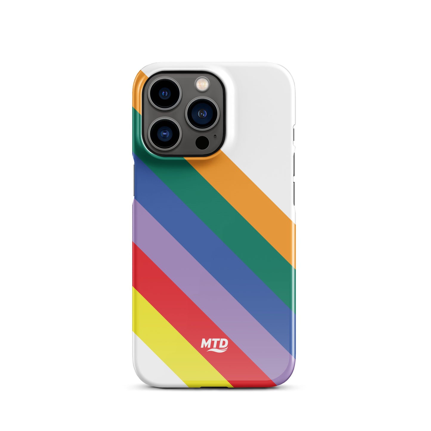 White phone case with six colored lines running diagonally in the center.