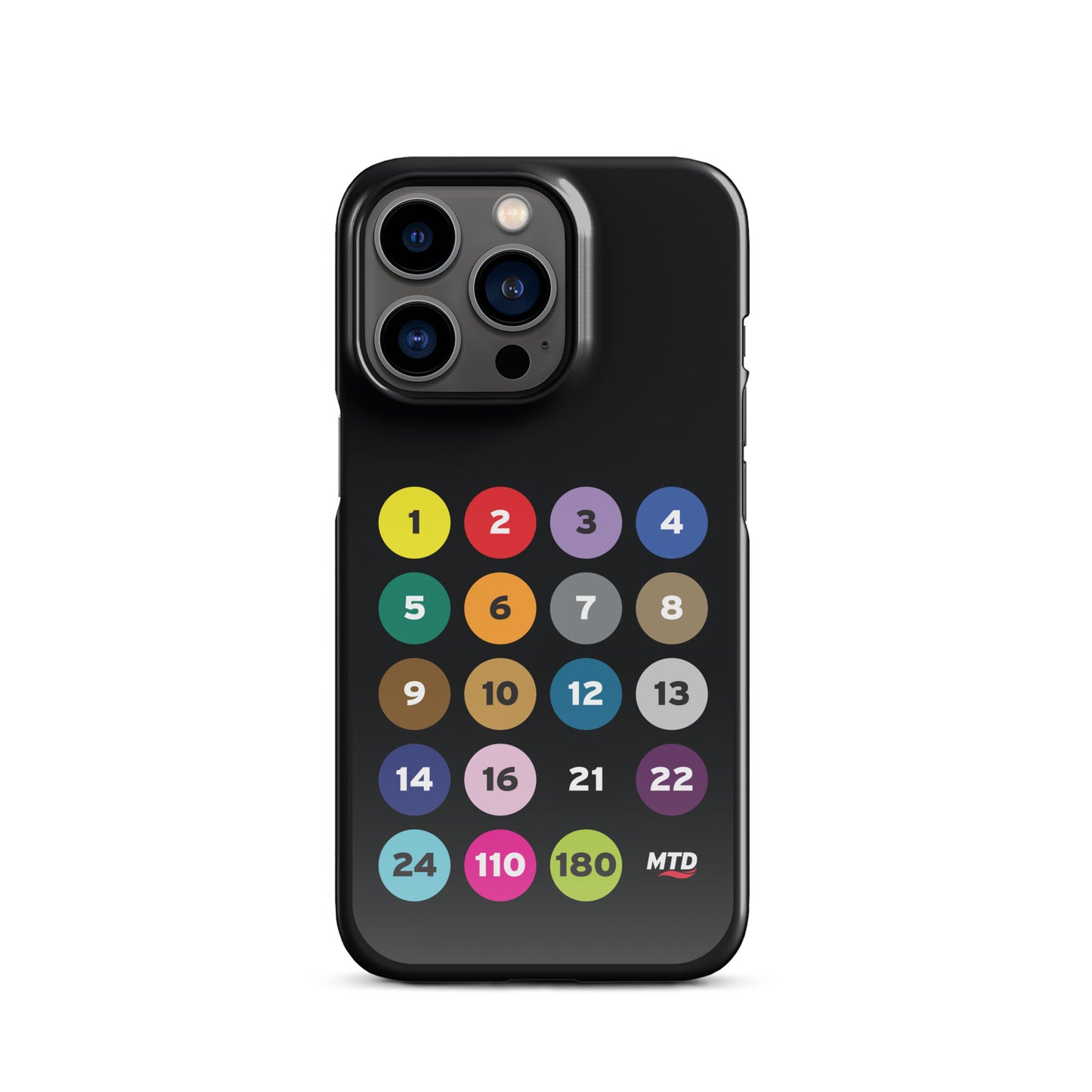 Black phone case with colorful circles and numbers representing MTD routes.