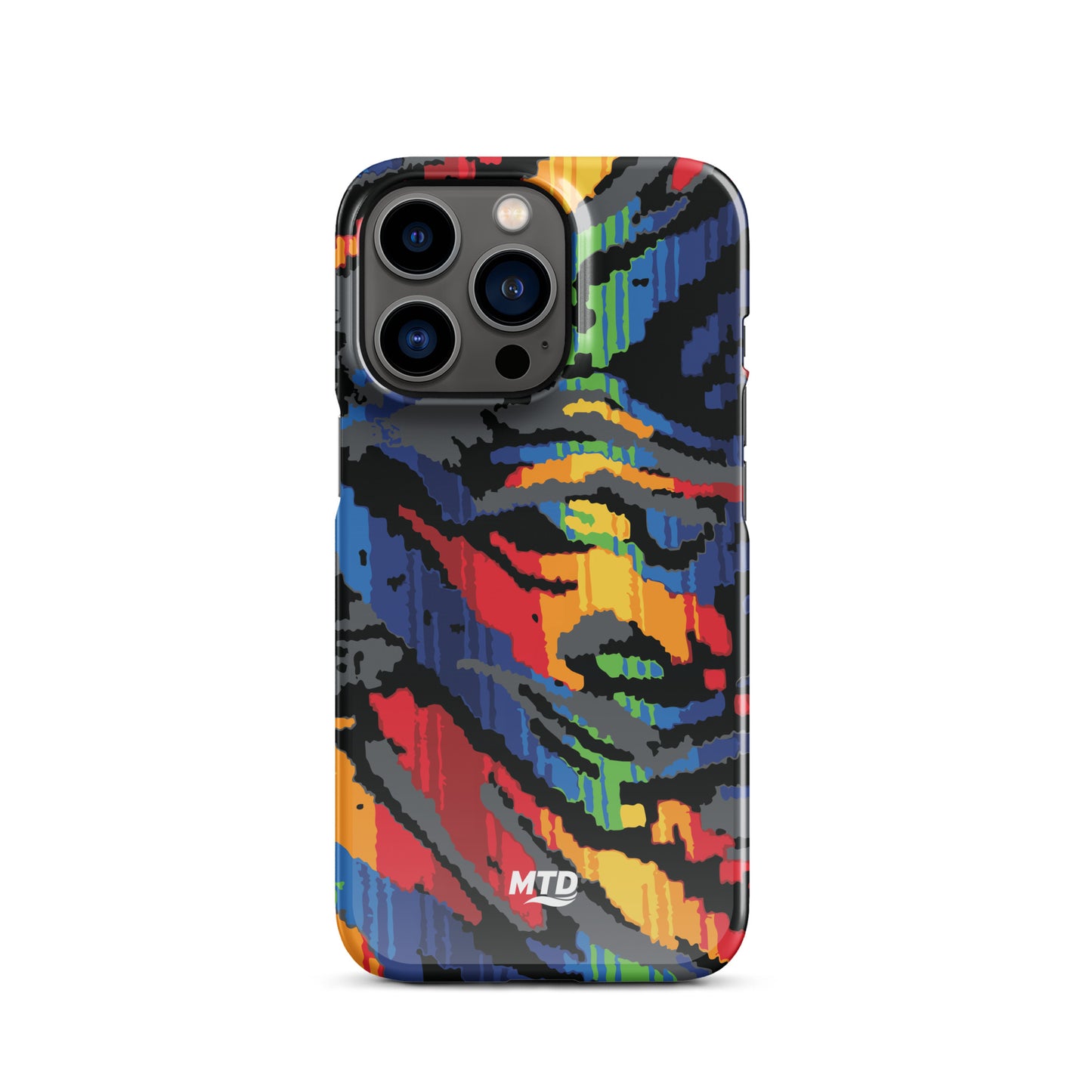 Phone case with colorful MTD bus seat pattern.