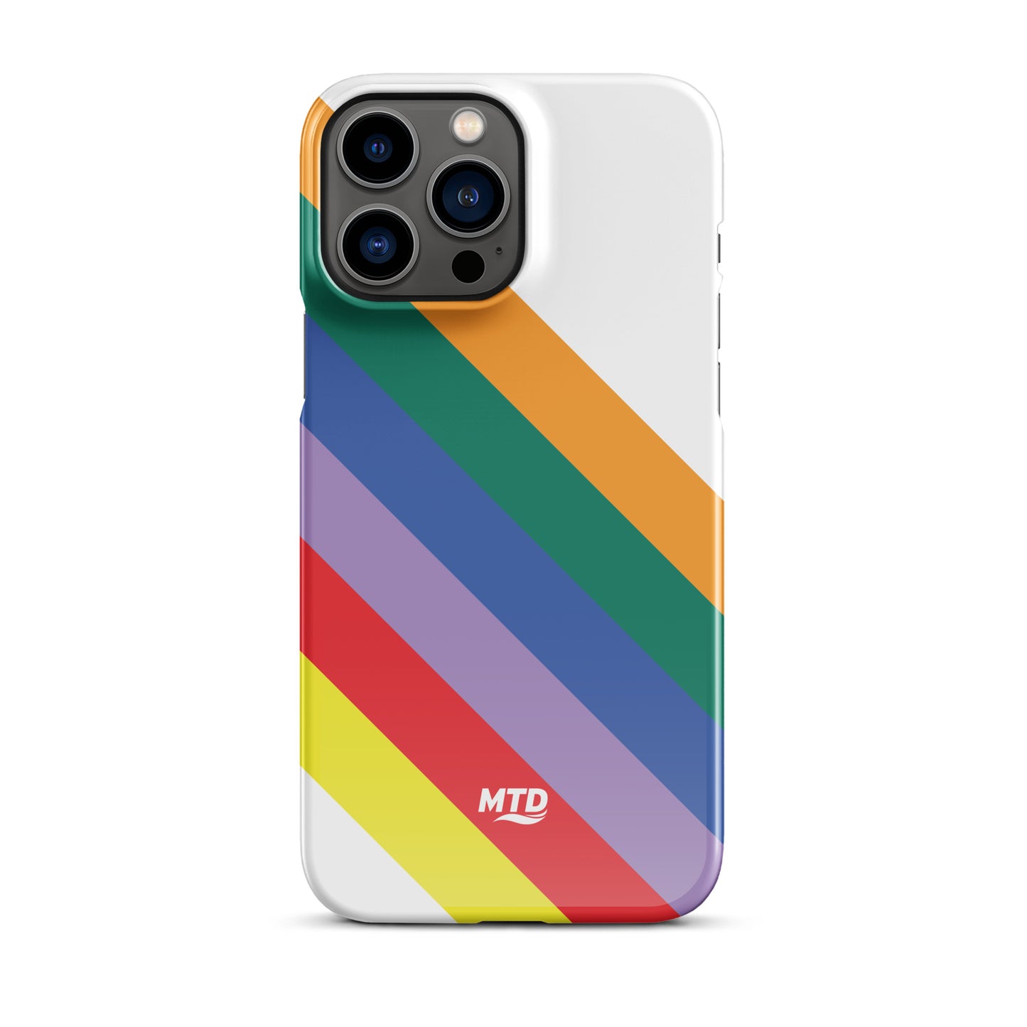 White phone case with six colored lines running diagonally in the center.