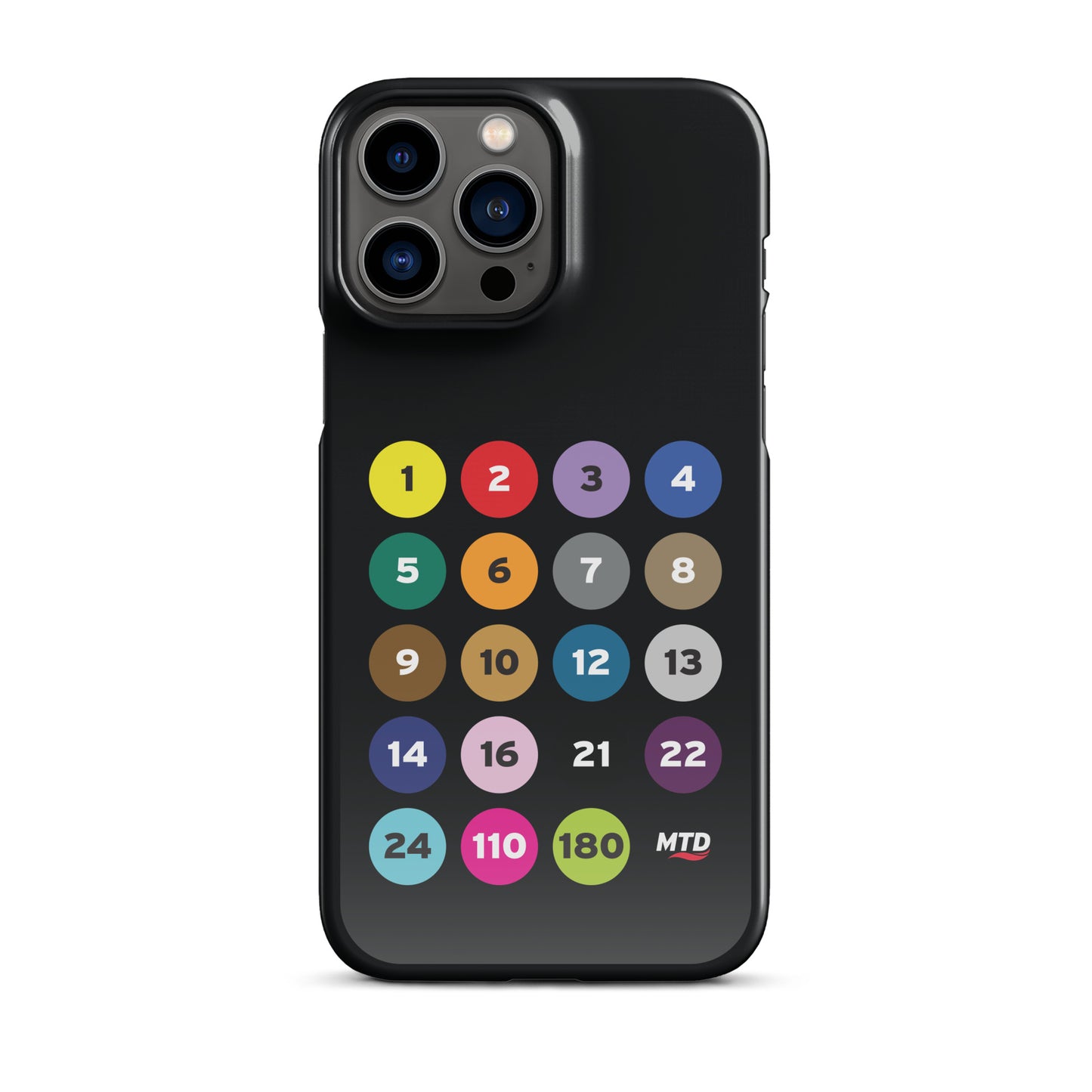 Black phone case with colorful circles and numbers representing MTD routes.