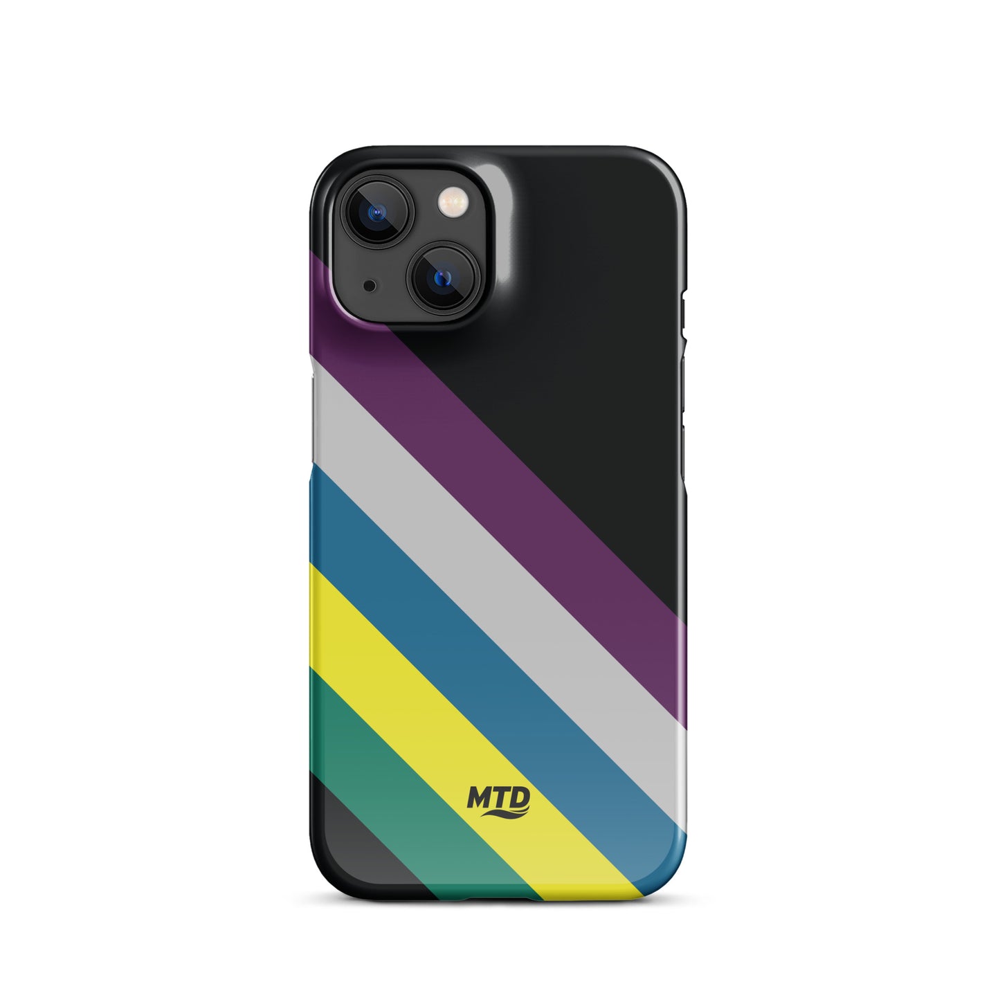 Black phone case with five colored lines running diagonally in the center.