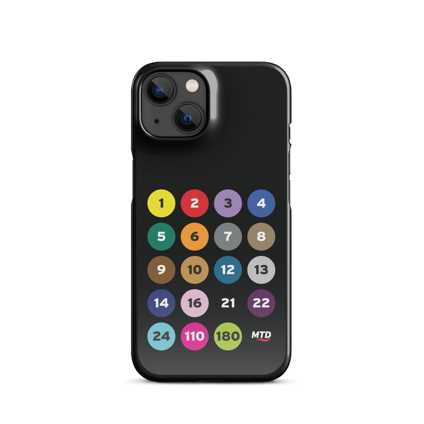 Black phone case with colorful circles and numbers representing MTD routes.