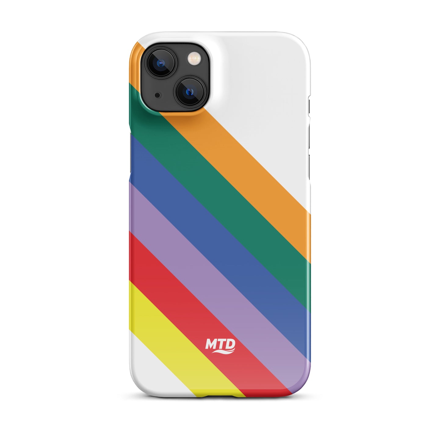 White phone case with six colored lines running diagonally in the center.