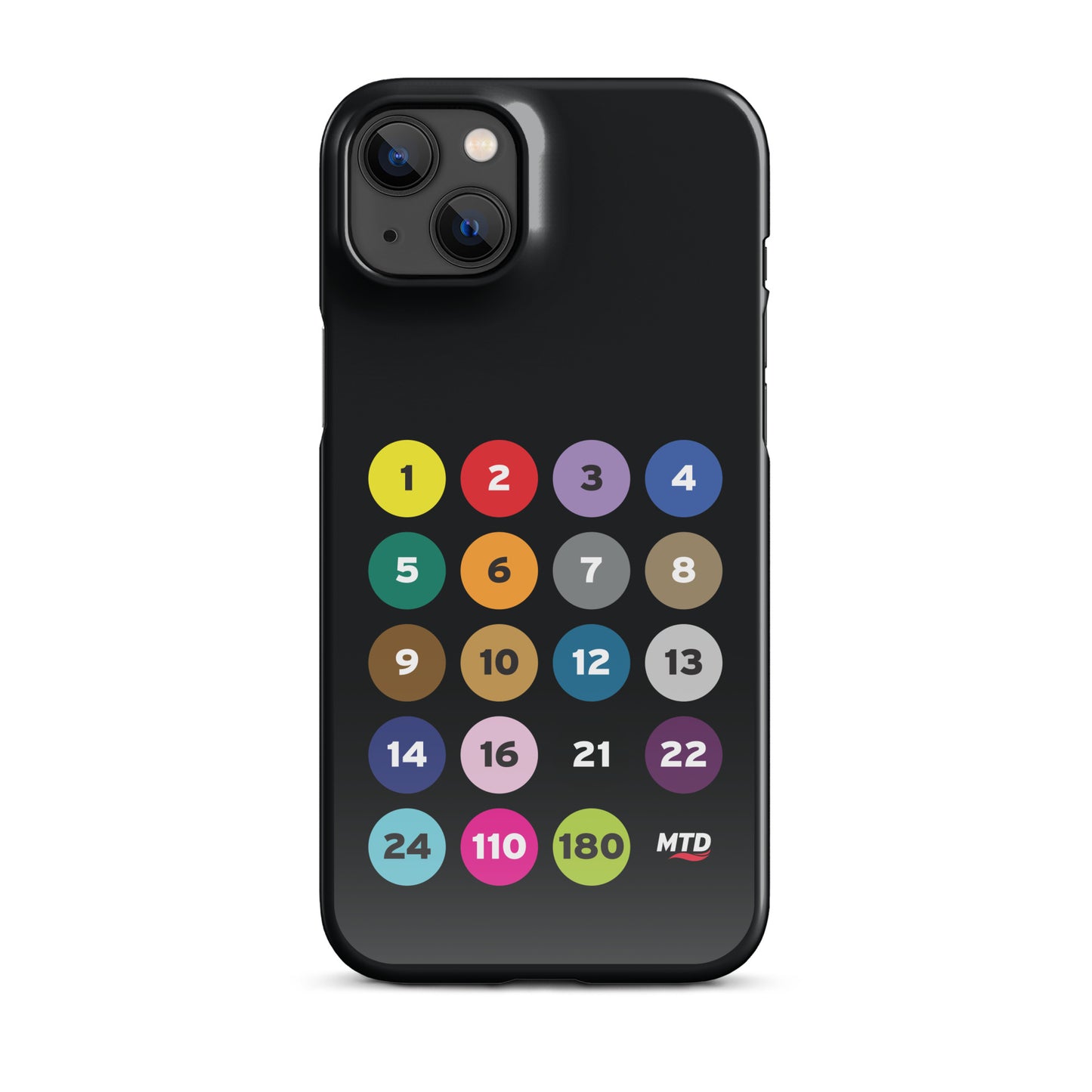 Black phone case with colorful circles and numbers representing MTD routes.